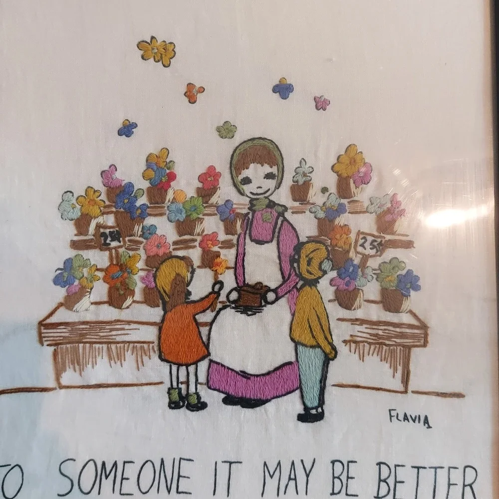Vintage Flavia Embroidered Art Cute Longfellow Quote Flower Market Framed 25x19